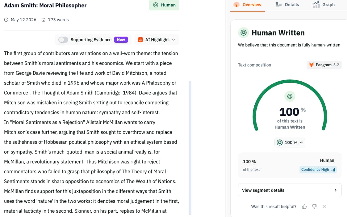 Screenshot of an article titled 'Adam Smith: Moral Philosopher' discussing the relationship between Adam Smith's moral sentiments and economics.
