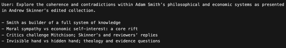 Text excerpt discussing Adam Smith's philosophical and economic systems, focusing on themes like moral sympathy versus self-interest and critiques of his theories.