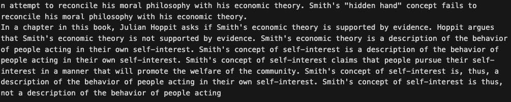 Text excerpt discussing Adam Smith's moral philosophy and economic theory, highlighting Julian Hoppit's critique of Smith's concept of self-interest.