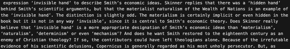 A close-up of a text excerpt discussing the concept of the 'invisible hand' in relation to Adam Smith's economic theories and critiques surrounding materialism and theology.